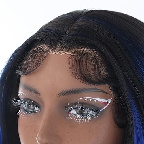 Miniatura 6 de ANDRIA Peluca rubia con encaje frontal a rayas, color negro y rubio, peluca larga ondulada sin pegamento, peluca de encaje transparente, peluca de