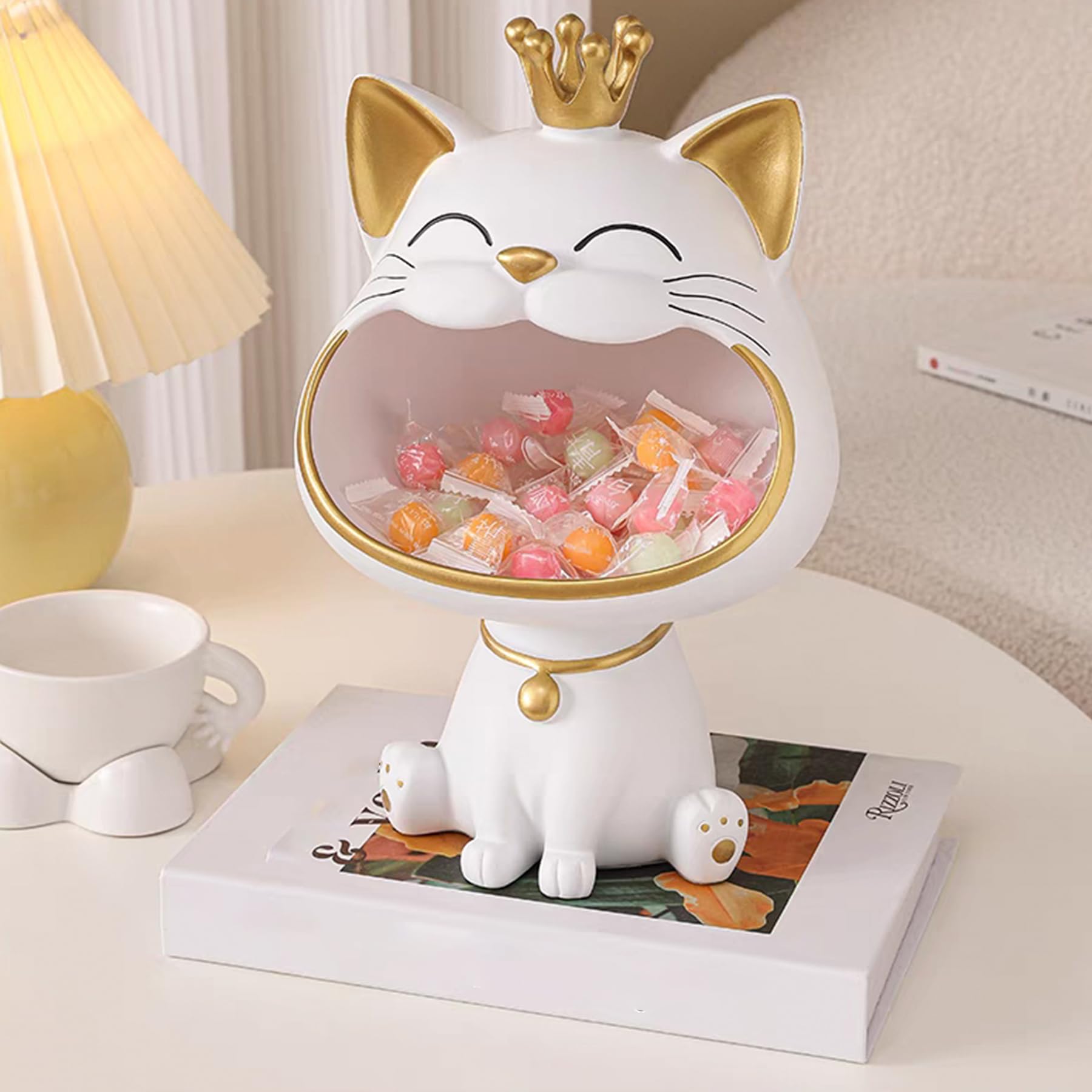 Statua di Gatto Fortunato, Decorazione per Casa e Ingresso, con Gatto che Ride e Chiavi, Scatola per Piccoli Oggetti (Bianco)