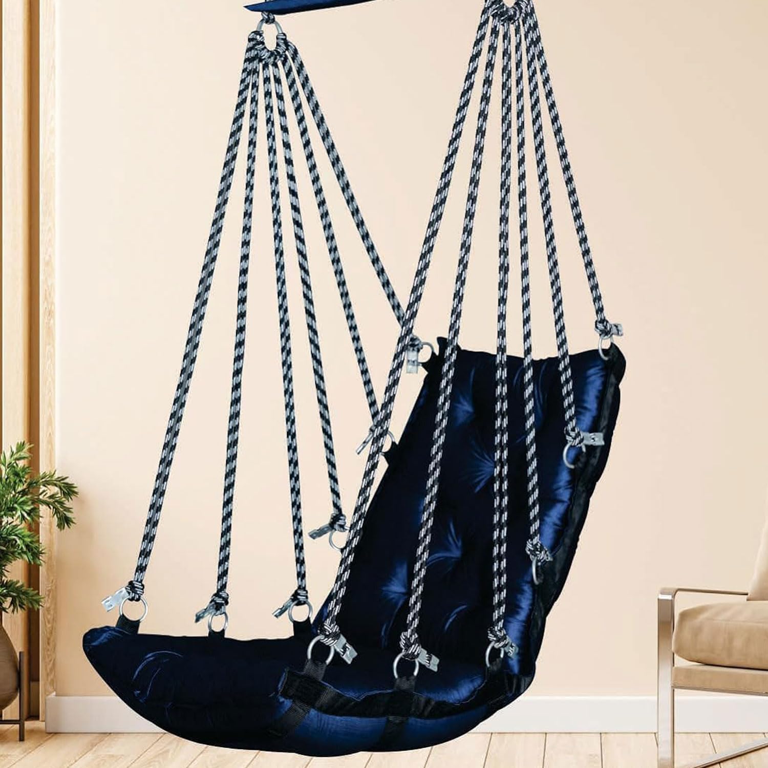 JULJULIA Swing for Balcony Comfortable Cotton Swing Relaxing Jhula for Adults for Home Indoor Outdoor Hanging Seat for Apartment Patio Terrace Garden- 200 kg Weight Capacity - Plain Low Blue