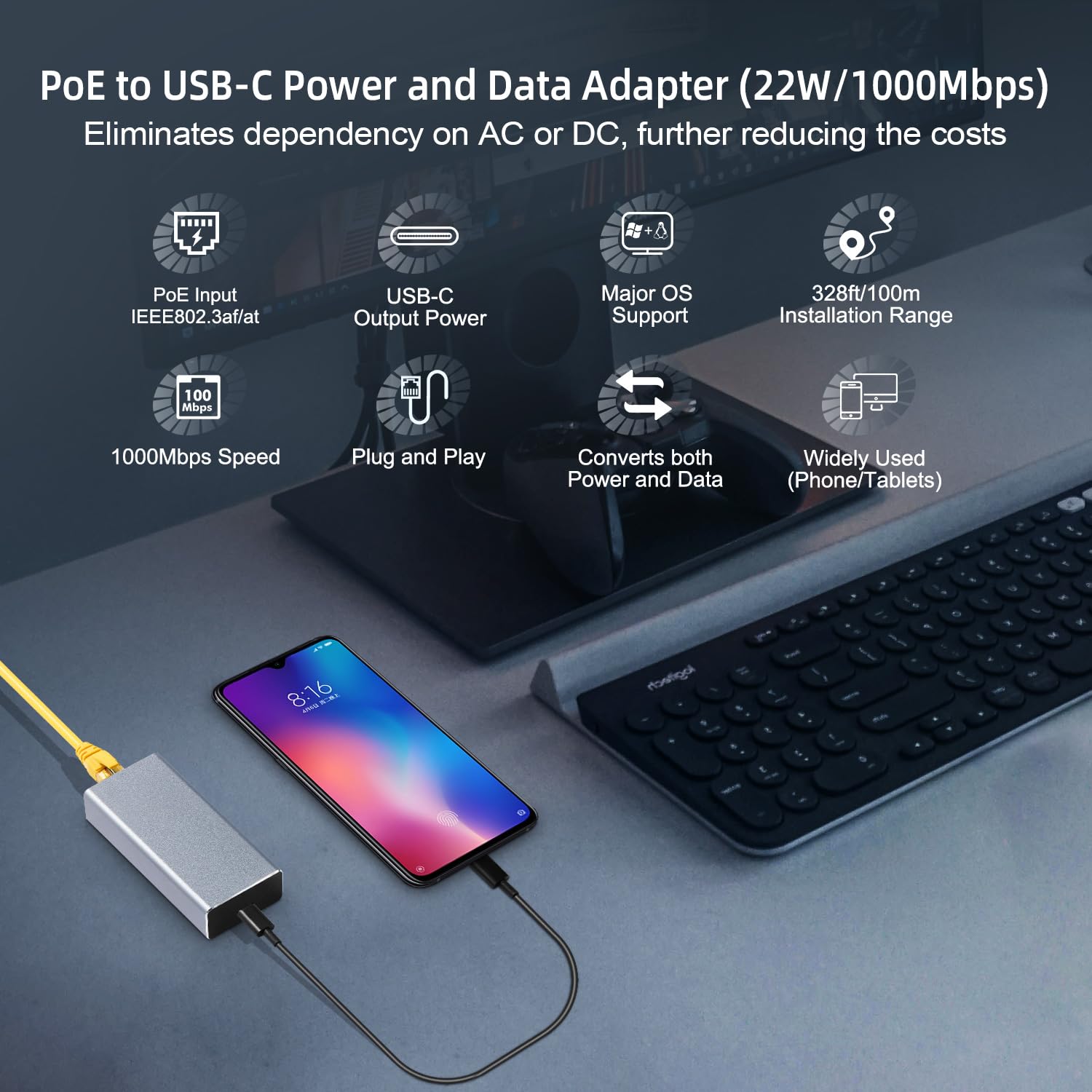 Adattatore di rete Gigabit PoE, IEEE802.3af/at POE a tipo C, con ricarica da 22 W, uscita USB C 5 V/3 A o 9 V/2,22 A, adattatore per auto con Ethernet, dati di trasmissione e alimentazione per