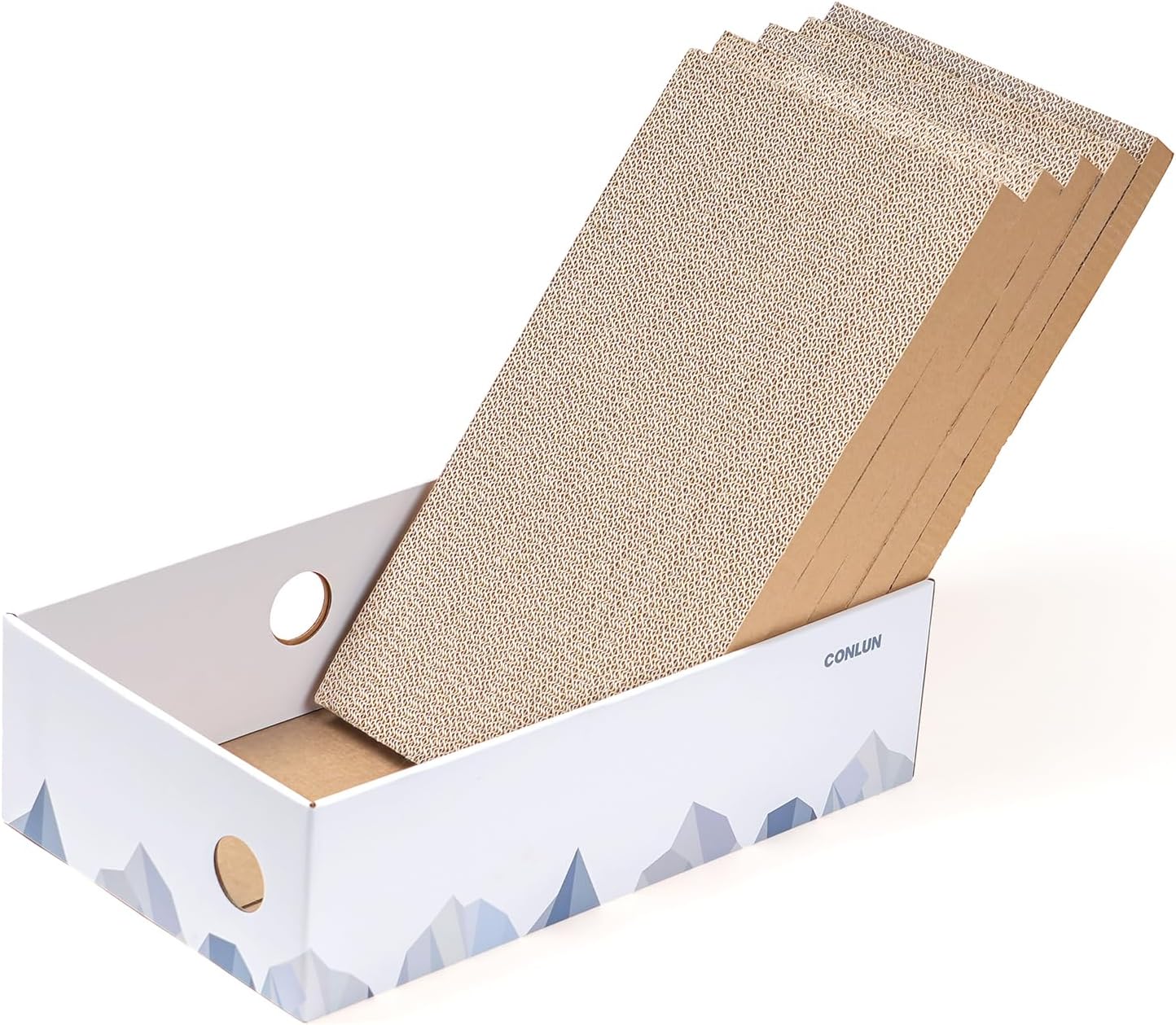 Conlun Cat Scratcher Box with Heavy-Duty Double-Sided Cardboard Pad, Cardboard Lounger, Cat Bed for Indoor Cats, Interactive Hole Design, Large - 5 Pack, White