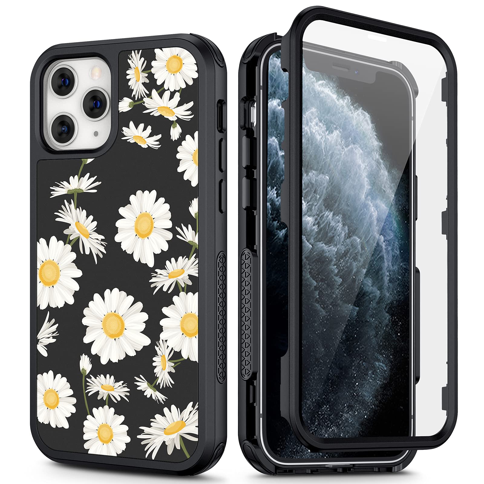 Caka Case for iPhone 11 Pro Max Full Body Case with Screen Protector for Girls Women 3 in 1 Flowers Floral Soft TPU+Hard PC Shockproof Protective Case for iPhone 11 Pro Max 6.5 inches -Daisy