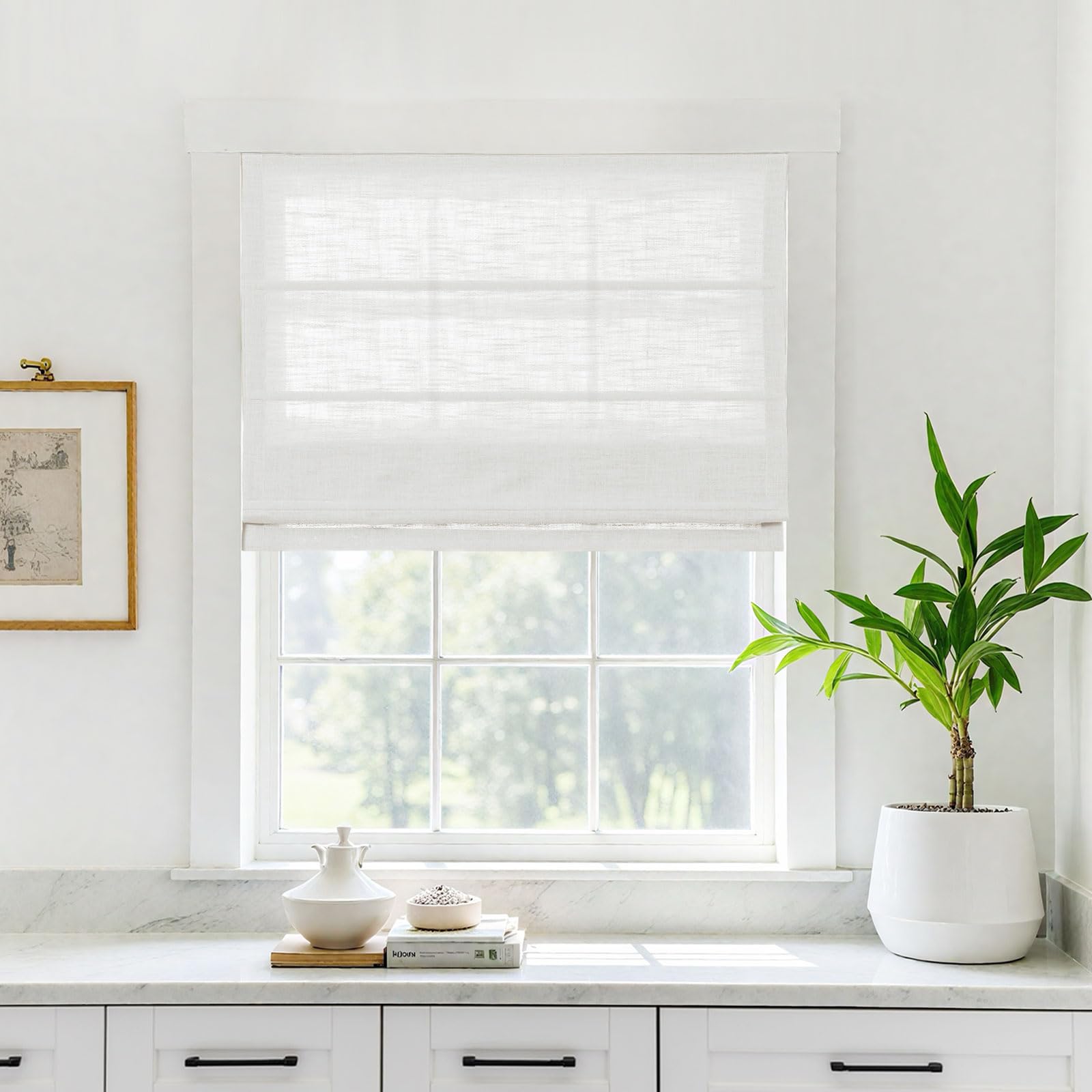 TWOPAGES Linen Roman Shades for Windows Custom Cordless Blinds for Indoor Windows,French Doors,Bedroom, Living Room, Bathroom(Beige White, Custom Made)