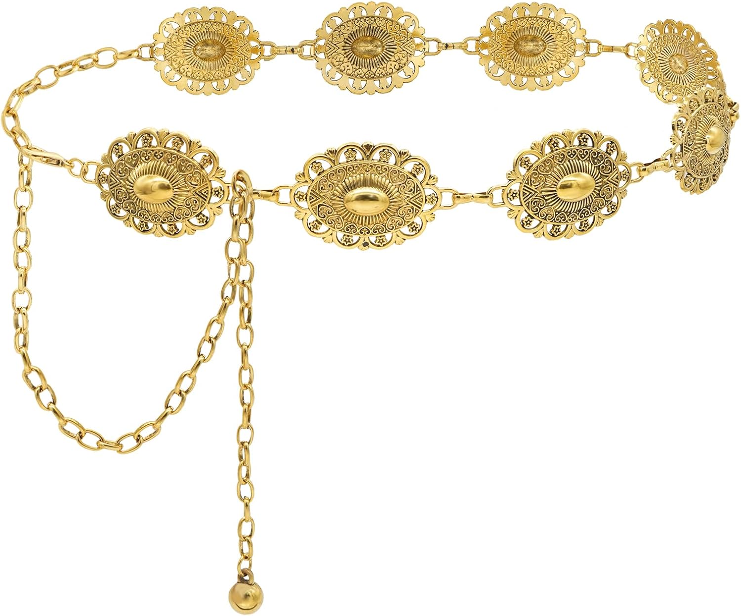 Western Metal Concho Belt for Women: Boho Chain Belt with Adjustable Turquoise Chain Link, Silver & Gold