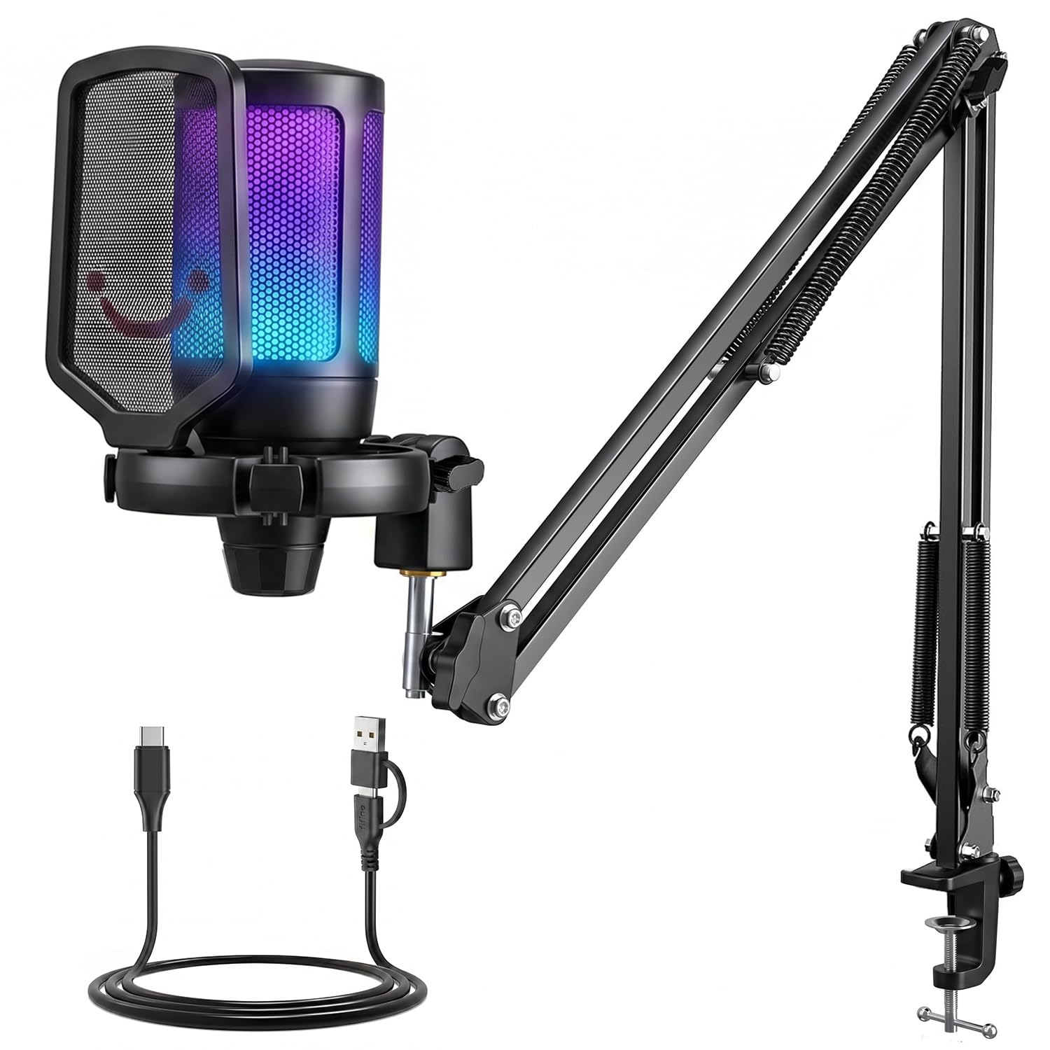 FIFINE USB Typ-A/C Micro Gaming avec Bras pour PC PS4 PS5, Condensateur Microphone pour Streaming Podcast Studio, avec Bouton de Silence, Fixation Antichoc, Support Micro, Filtre Anti-Pop, RGB