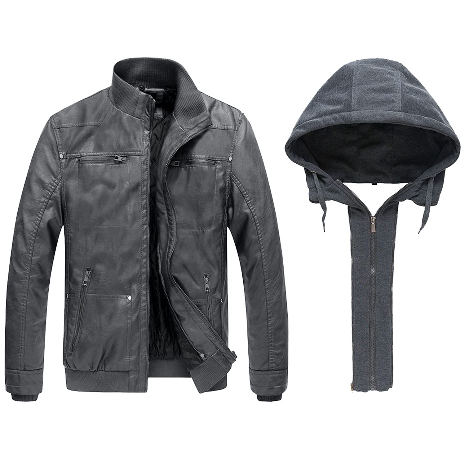 Wantdo Giacca in Pelle da Uomo Giubbotto con Cappuccio Rimovibile da Lavoro Mezza Stagione Primavera Antivento Antipioggia Giacca da Moto Casual