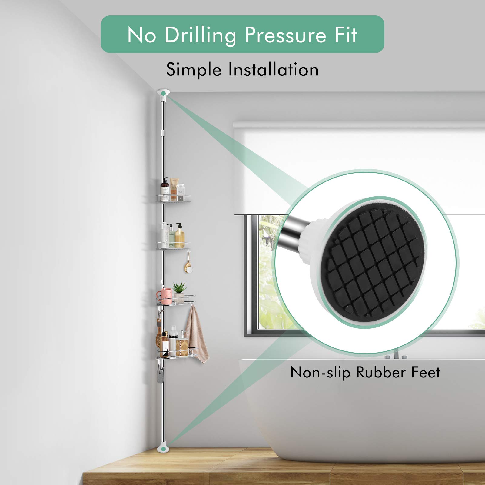 Telescopic Shower Storage Corner Shelf, 4 Tier Adjustable Tension