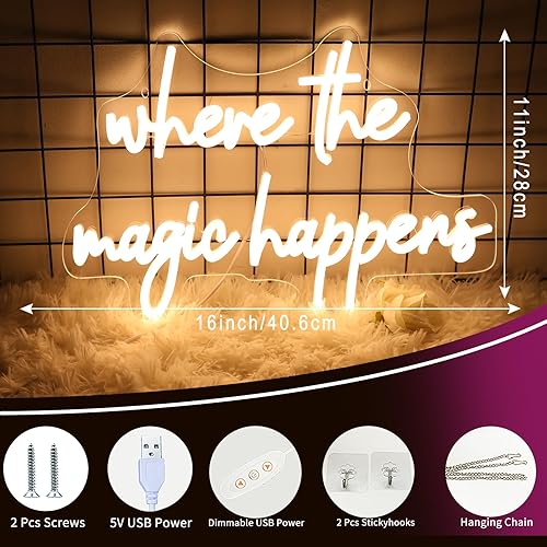 Miniatura 3 de Letrero de neón con texto en inglés "Where The Magic Happens" para decoración de pared, letras alimentadas por USB, para dormitorio, decoración de