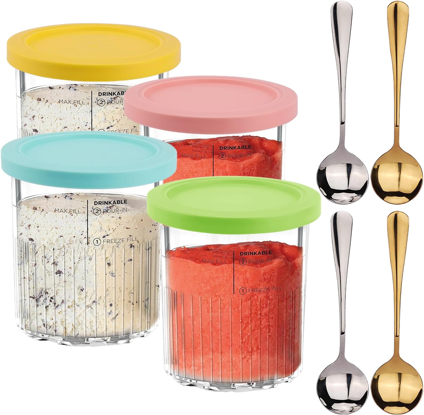 4 Pack Ice Cream Pint Containers Replacement for Ninja Creami NC500 NC501 Series Deluxe ice Cream Makers Pints and Lids,BPA-Free & Dishwasher Safe,Yellow/Pink/Green/Blue