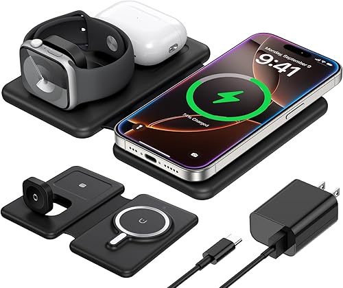 Miniatura 1 de Estación de carga 3 en 1 para Apple, cargador de viaje para múltiples dispositivos para iPhone, cargador magnético plegable para iPhone 16, 15, 14,