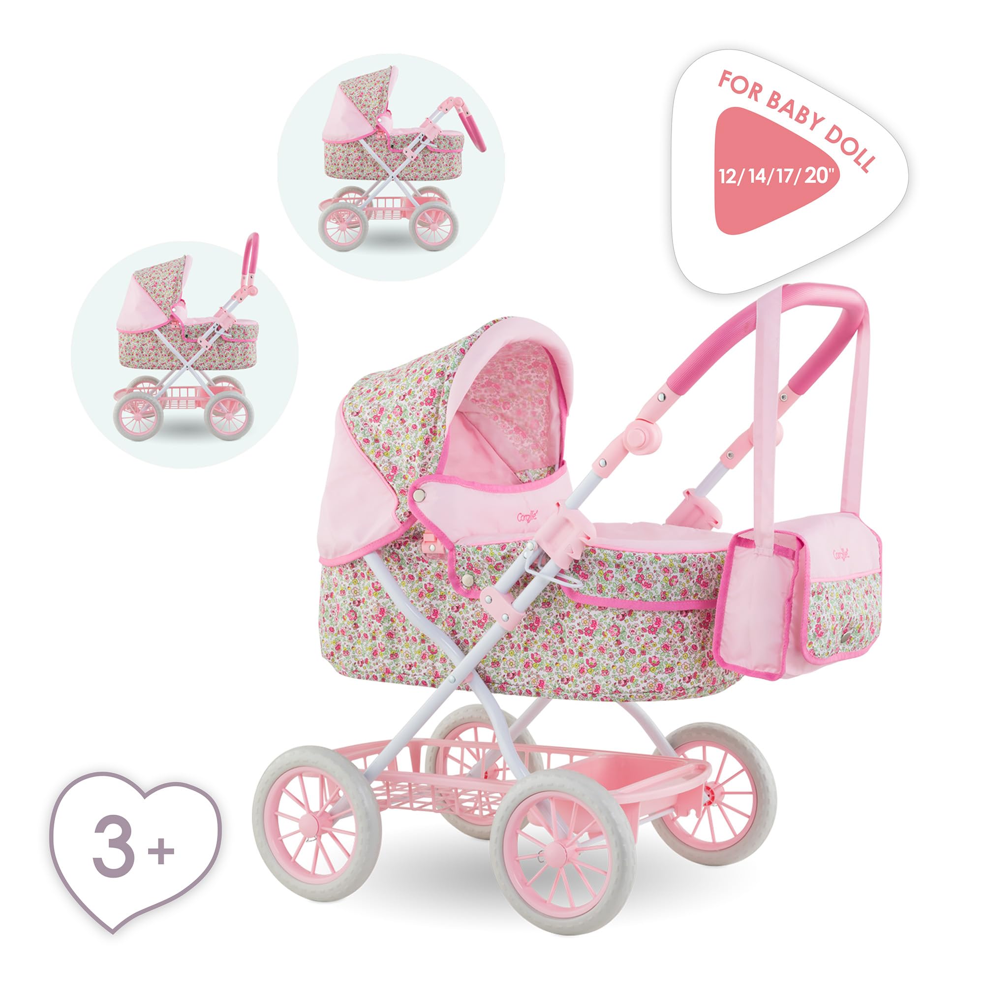 Corolle Baby Doll Stroller for Girls, Foldable Kids Toy Baby Stroller for Dolls with Carriage Design, Pink Pram