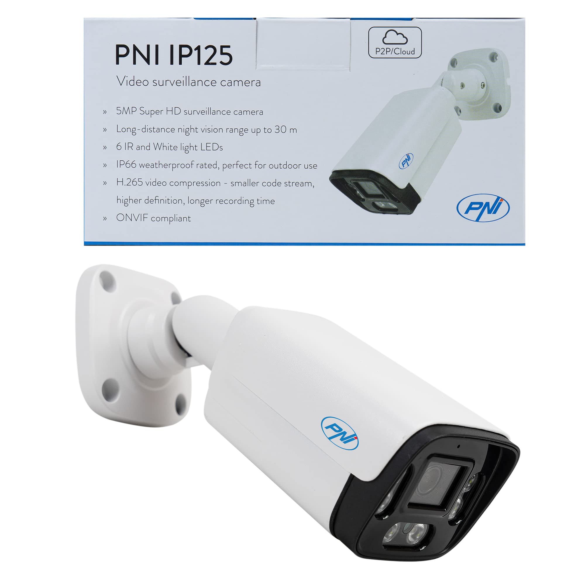 PNI Telecamera di videosorveglianza IP125, 5 MP, H.265, per esterni e interni, IP66, riconoscimento personale, rilevamento del movimento