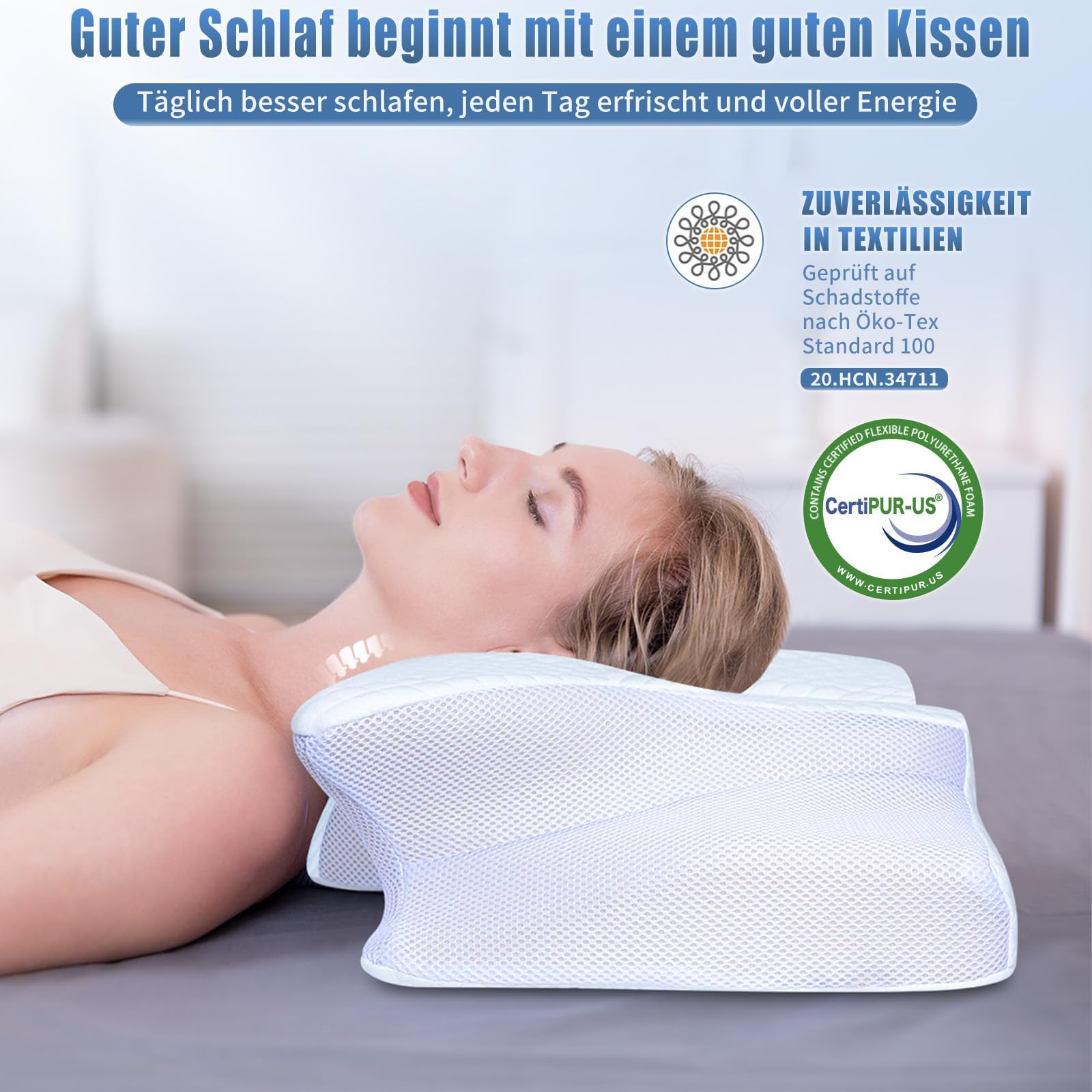 SAHEYER Almohada Cervical y Cuello, 2 en 1 Almohada Ergonómica Espuma Viscoelástica de Cabeza Cuello Hombro, Almohada Mariposa para Dormir de Lado, Boca Arriba y Boca Abajo, 60x35,5x13/10 cm, Blanco