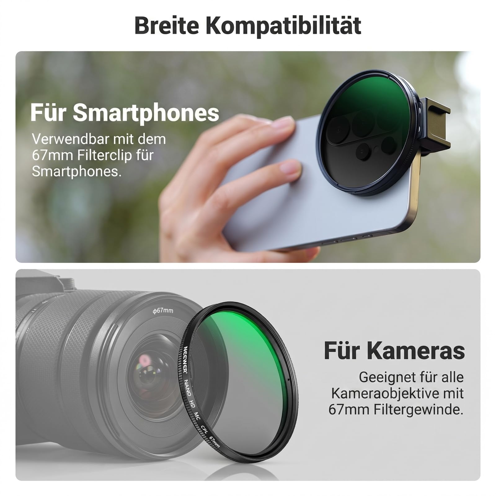 NEEWER 67mm CPL Filter Handy Polfilter mit Cold Shoe Clip, HD zirkularer Polarisationsfilter mit einstellbarer Polarisation, kompatibel mit Android Samsung S26 Ultra iPhone 17 Pro Max und mehr, FL-113