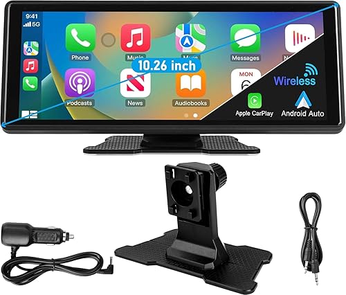 Portable Car Stereo,for Wireless Apple Carplay & Android Auto,7 Inch 1080P HD Touch Screen Radio with BT 5.0, Mirror Link Support Truck RV Dash Mount (10.26 inch)