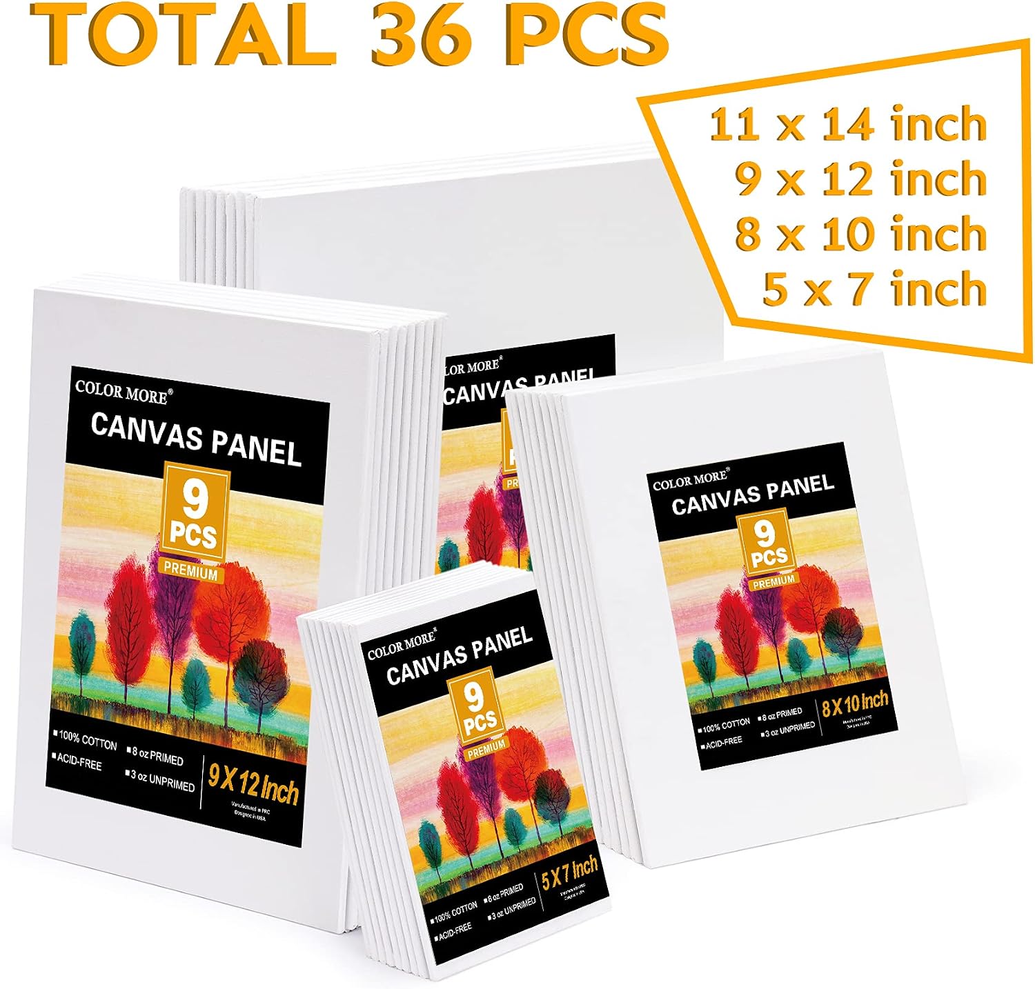 36 Pcs Painting Canvas Panels Multi Pack,5x7",8x10",9x12",11x14",Canvas Boards for Painting,100% Cotton,with Label Stickers,Blank Canvas for Acrylic Pouring and Oil Painting,Art Supplies,Art Canvases