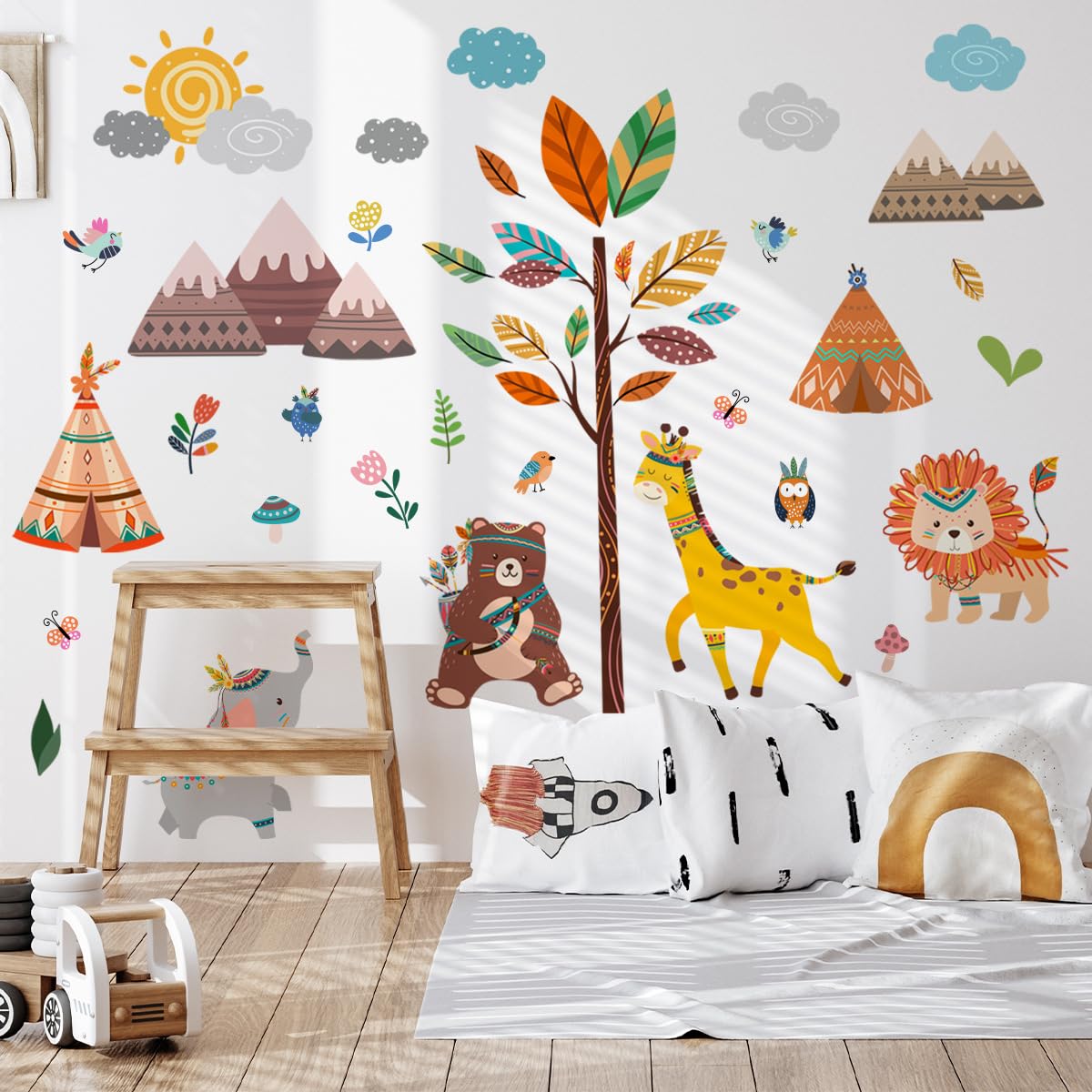 Runtoo – Adesivi Murali Per Cameretta Con Volpi E Fiori – Decorazione Murale Boho In Vinile – 10 Pezzi, Fai Da Te, Rimovibili, Per Bambini E Neonati