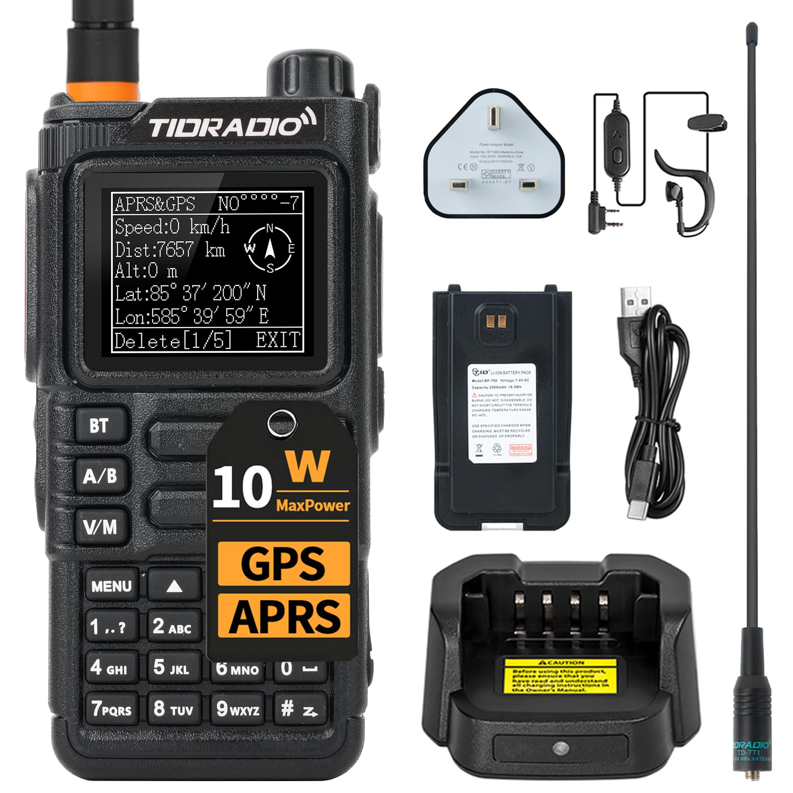 TIDRADIO TD-H9 Walkie Talkie, funkgerät, 10 Watt, GPS, APRS, Spektrumanalyse, SMS, Bluetooth-Programmierung, Web-Upgrade, NOAA, USB-C-Akku, Funkgerät für Erwachsene mit hoher Reichweite – Schwarz