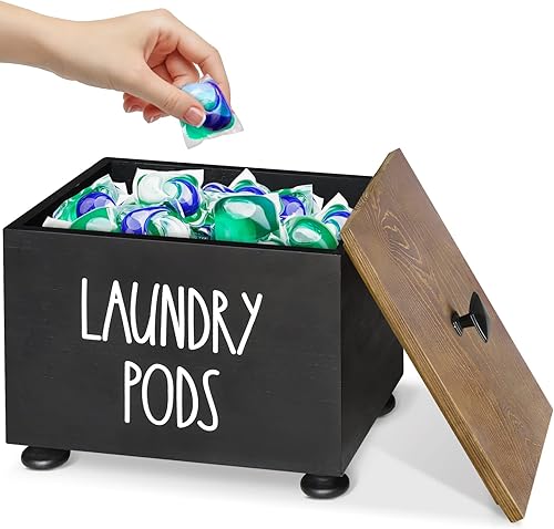 PICKKROSS Contenedor de madera rústica para lavandería con tapa para decoración y accesorios de lavandería, dispensador de almacenamiento de