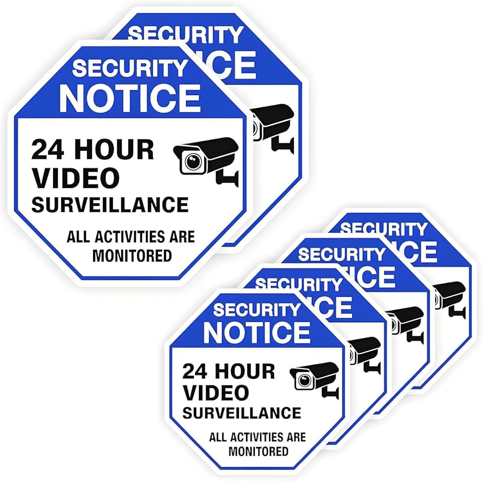 6 Pcs Video Surveillance Sign Stickers, 2 Large 3.5" &amp; 4 Medium 2.65" Waterproof 24 hour Security Stickers Camera Monitor Sticker for Indoor Outdoor Use