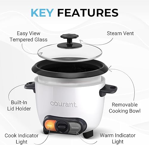Miniatura 3 de Courant Olla arrocera de 8 tazas (cocida), recipiente antiadherente extraíble, olla arrocera de un solo toque, color blanco