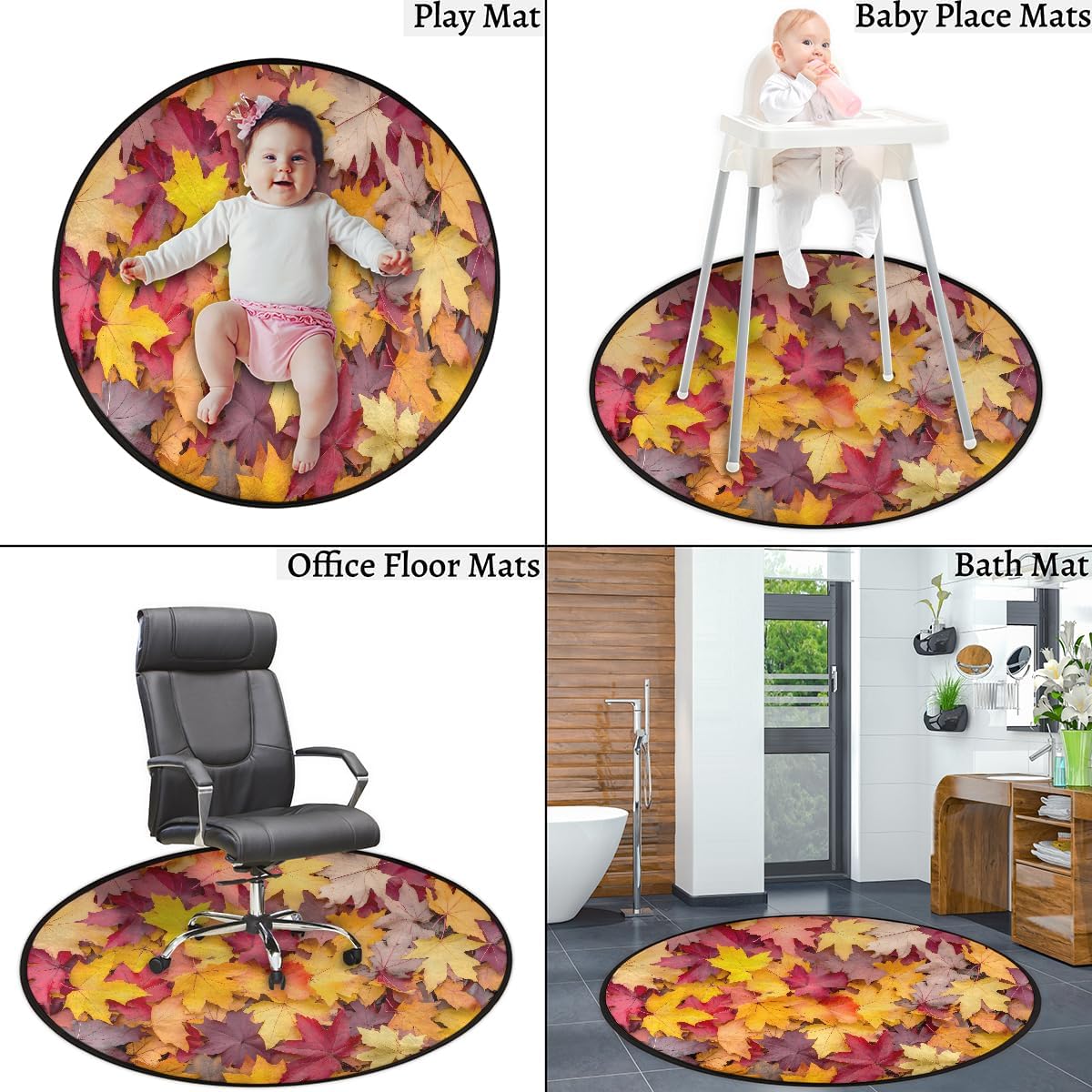 5 Ft Small Round Rug Fall Maple Leaves Colorful Soft Circle Area Rugs Non Slip Washable Circular Door Mat for Indoor Bedroom Living Room Nursery Kitchen Bathroom Entryway Home Carpet Decor