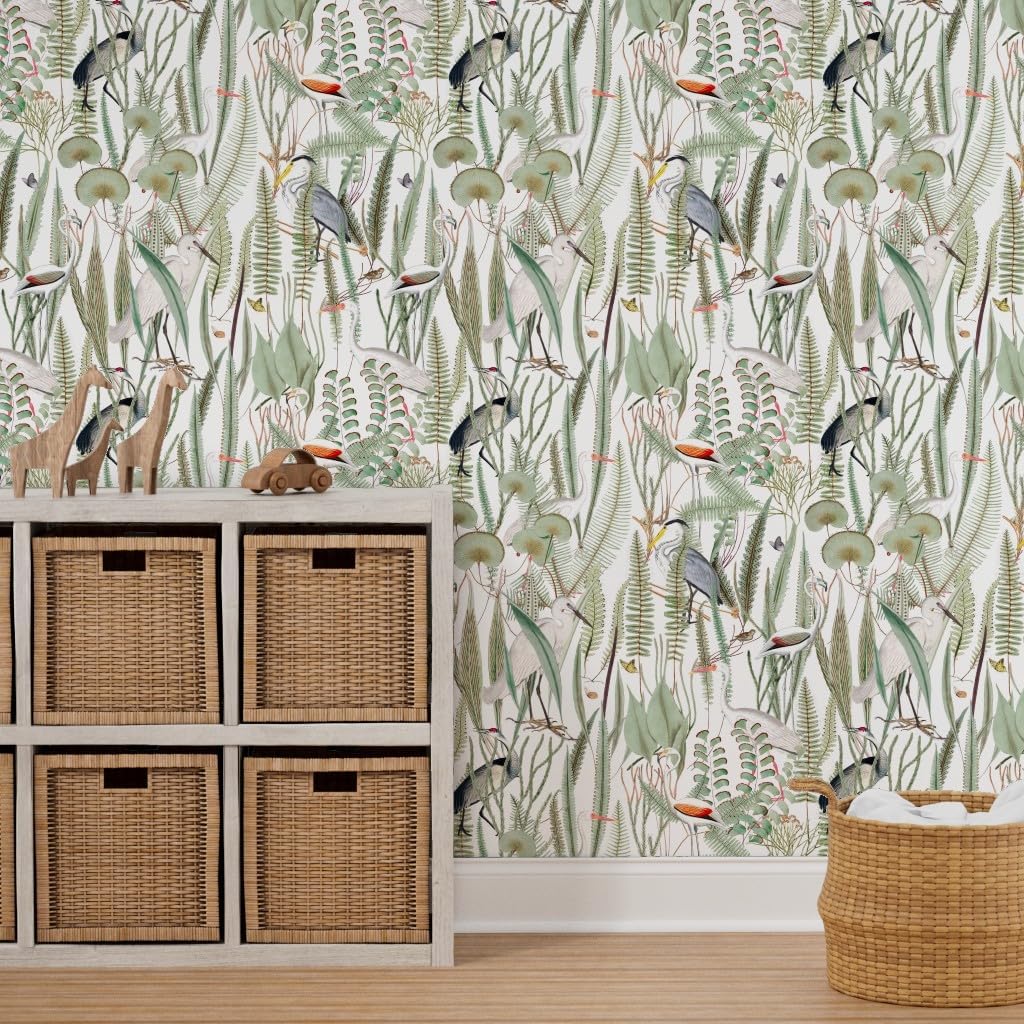 Spoonflower Peel & Stick Wallpaper 3ft x 2ft - Coastal Birds Large Scale Egret Herons Lake House Green White Jade Custom Removable Wallpaper