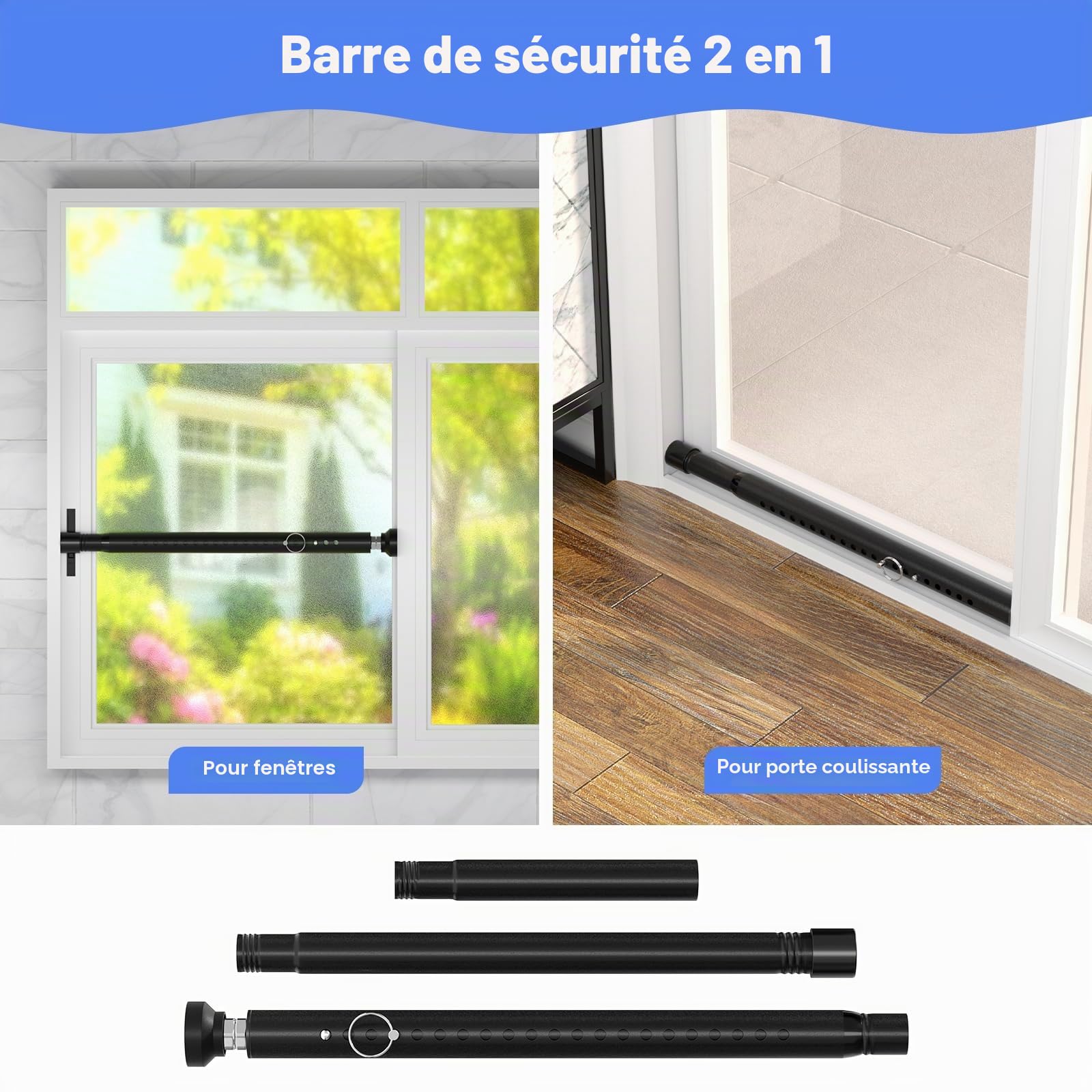 Barre de sécurité 120 cm, dispositif de verrouillage de fenêtre/porte anti-effraction réglable, barre de sécurité pour fenêtres, diamètre 25 mm, barre de verrouillage de fenêtre pour maison
