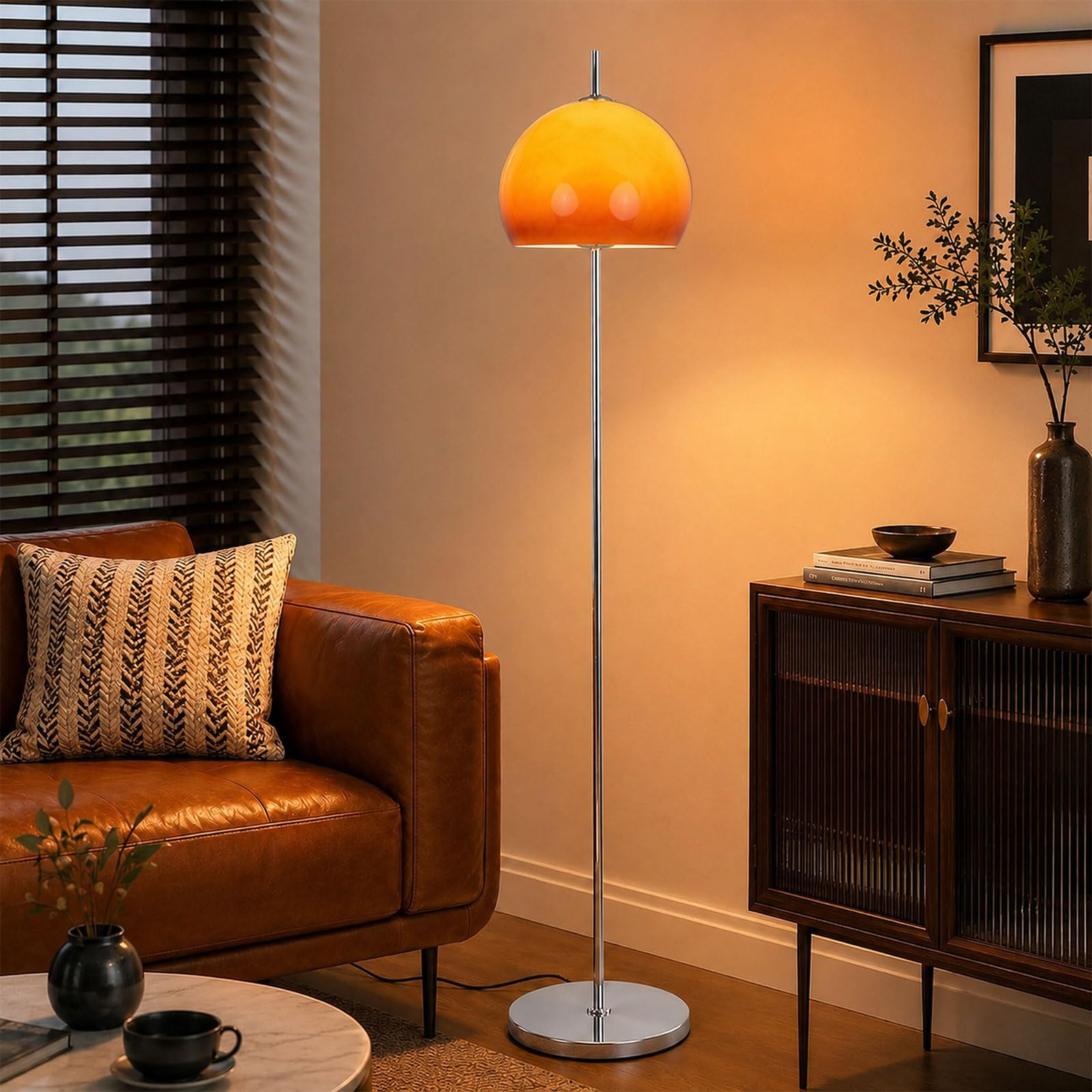 KlkrzJwy Mid Century Mushroom Floor Lamp 161CM Orange Floor Lamp Globe Glass Standing Lamp with E27 Dimmable Chrome Iron Tall Light for Living Room Bedroom Study Dining Room(Includes Bulb)