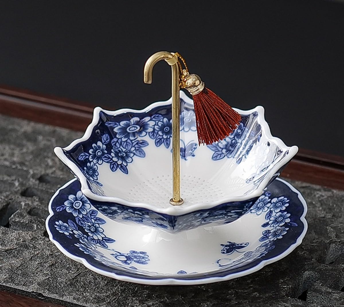 Cyan Porcelain Tea Strainer with Copper Handle