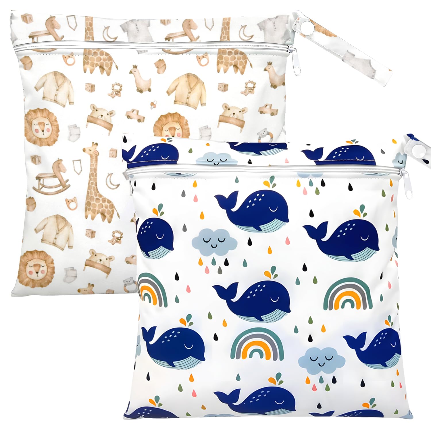 SUBTAVIK 2 Packs Wet Bag, Waterproof Wet Bags for Swimming Reusable Wet Swimsuit Bag Washable Nappy Pouch with Zipper for Baby Items Clothes Gym Swimming (Animal + Whale) — image 1