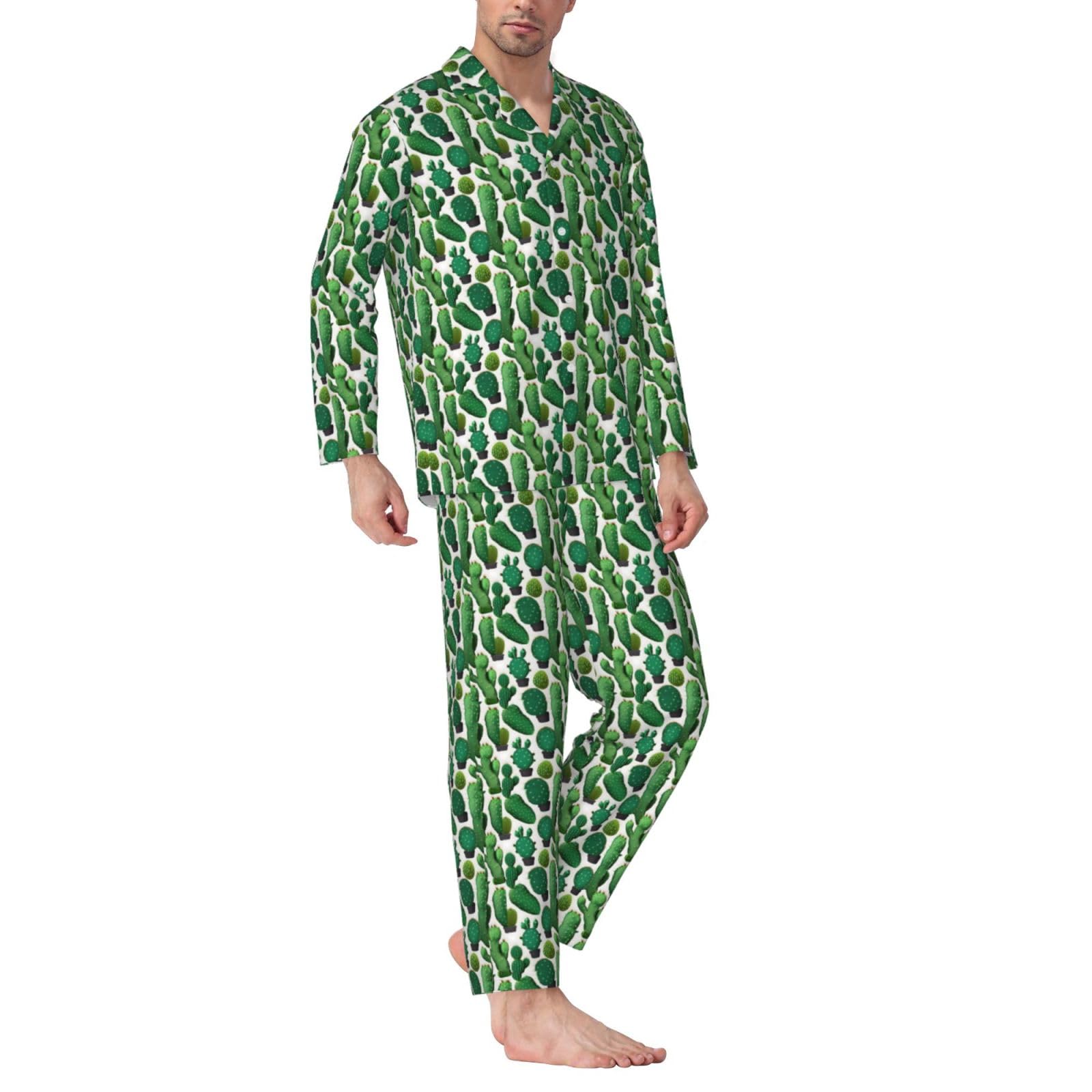 Herren-Pyjama-Set, langärmelig, Kaktusmuster, zweiteilig, bequem, Nachtwäsche, Grün