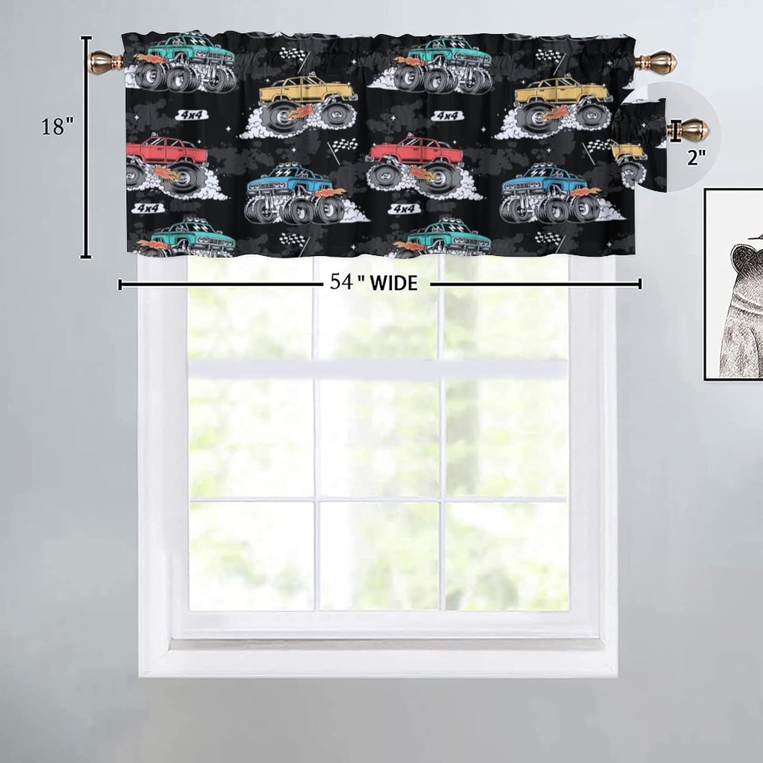Boys Monster Truck Blackout Curtain Valances,Colorful Cartoon Sports Theme Monster Trucks Energy Efficient Rod Pocket Curtain Window Valances for Kitchen Windows 54x18inch（2Pcs）