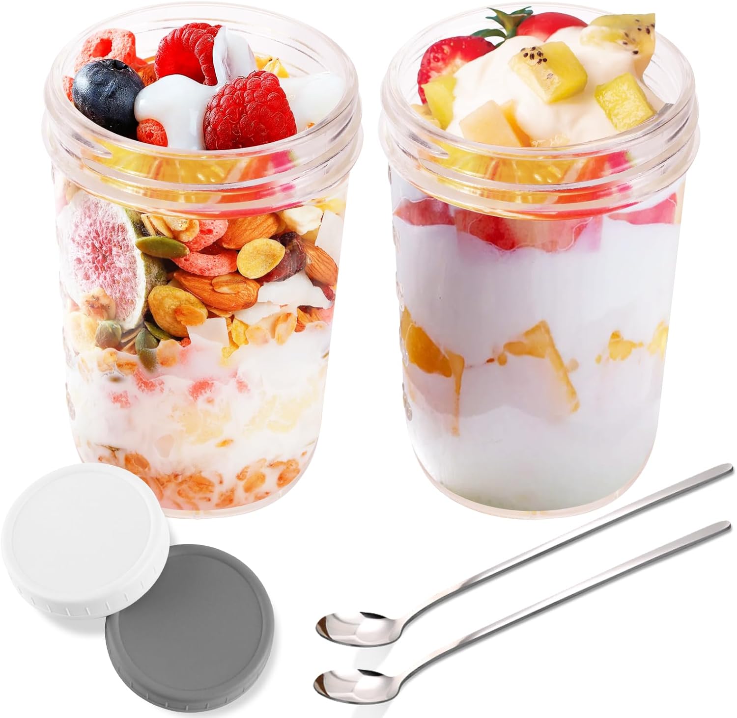 10oz Glass Overnight Oats Containers with Lids and Spoons 2 Pack Glass Jar Oatmeal Container with Airtight Lids, Large Capacity for Yogurt Chid Pudding Meal Prep Containers