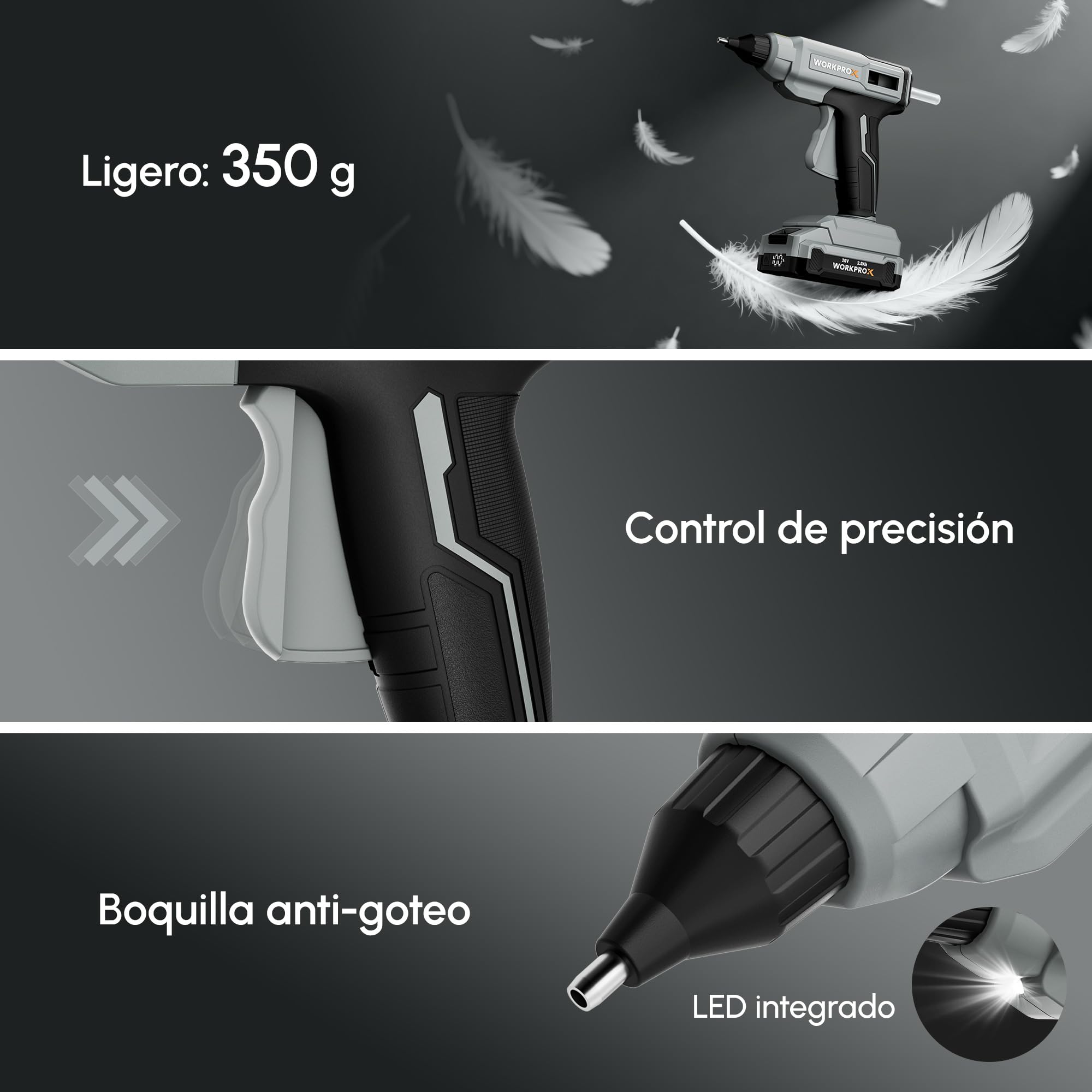 WORKPROX Pistola Silicona Caliente Inalámbrica con 20 Barras 11 x 150mm | Flujo De Pegamento 15g/min Y Autonomía 90 Minutos Con Carga USB-C Para Manualidades Reparaciones Y Proyectos DIY