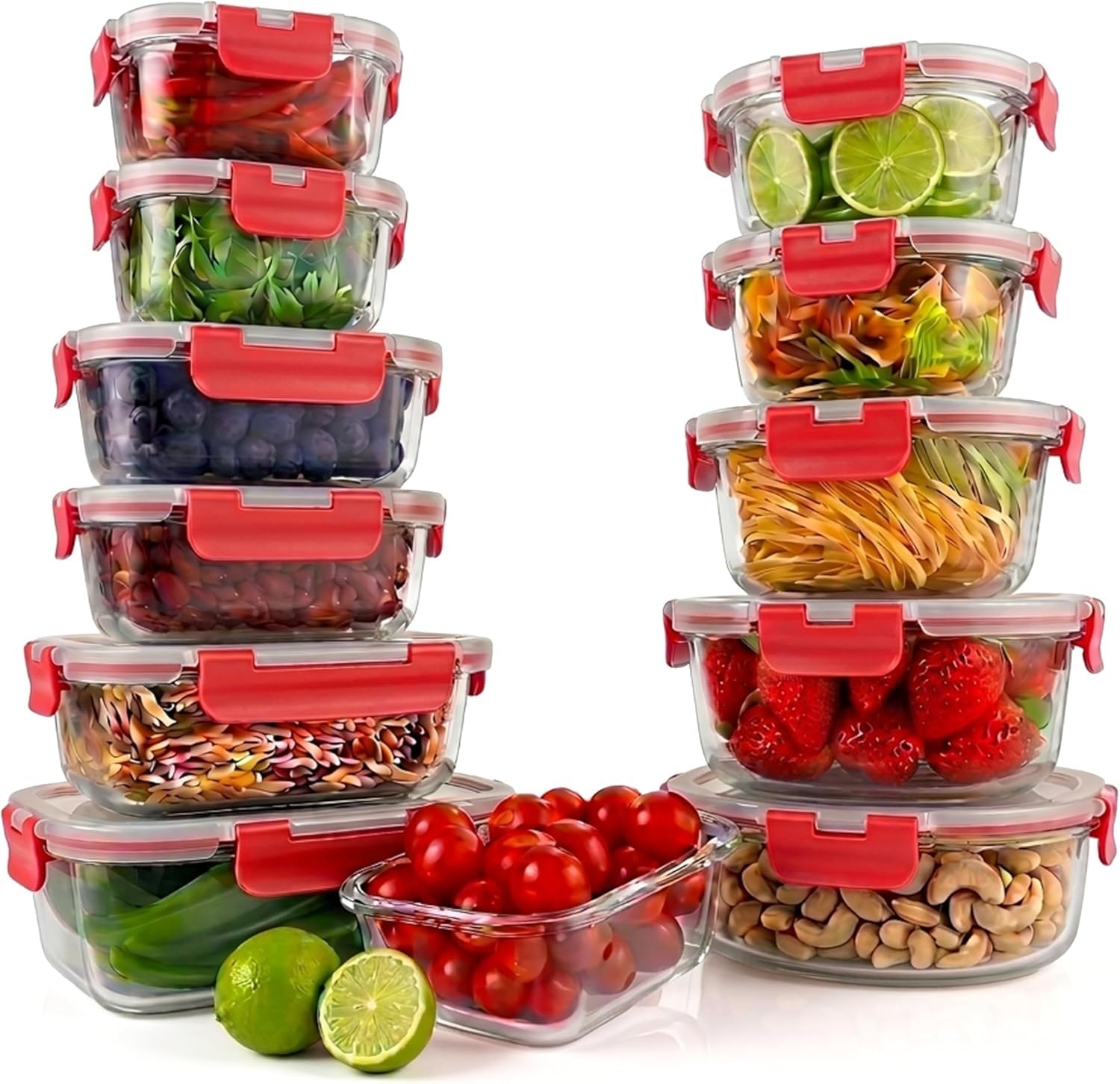 NutriChef 24-częściowy zestaw szklanych pojemników na żywność – sztaplowane pojemniki premium ze szkła z nowoczesnymi zamykanymi pokrywkami BPA-free, 100% szczelnymi