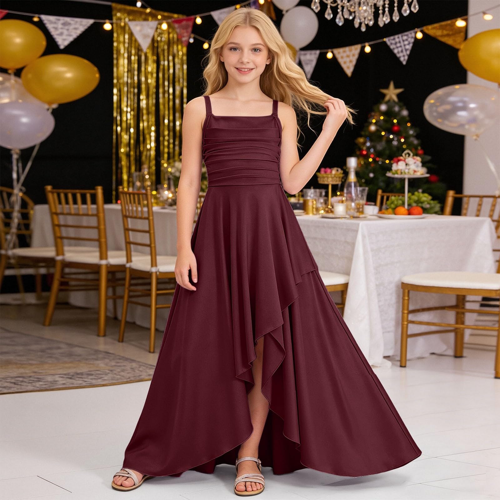 Generisch 2026 Mädchen-Partykleid mit gestuftem Rüschenrock trägerlosem, gekreuztem Oberteil für