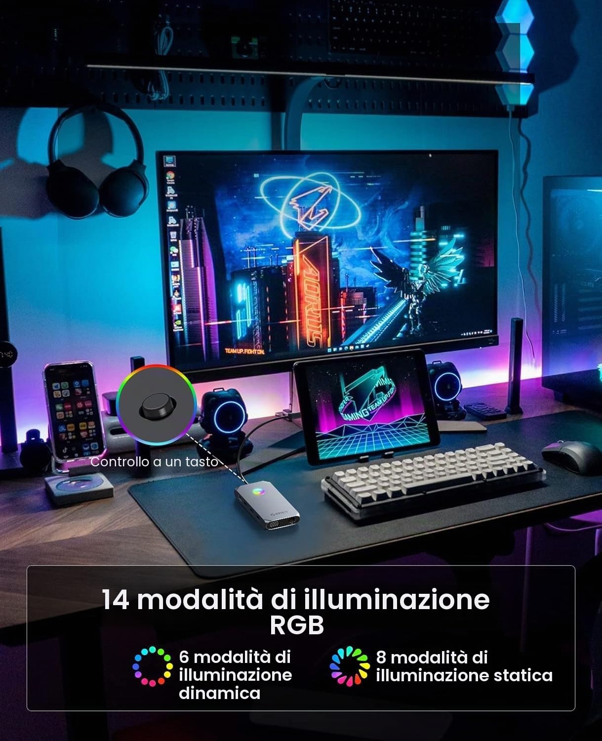 Docking station USB HUB, ORICO 12 in 1 RGB USB C, adattatore 4K HDMI, 100W Power Delivery, 1 Gbps Ethernet, 4 porte dati USB 3.0, SD e TF 3.0, 1080P VGA, audio 3.5 mm, 14 tipi di illuminazione RGB