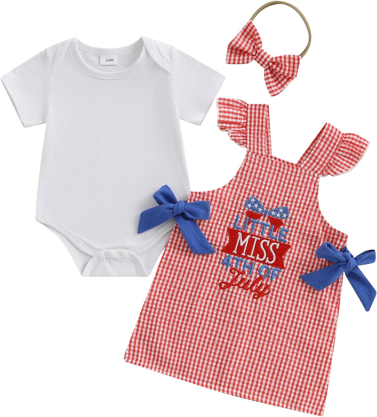 BeQeuewll Baby Girl 4th of July Outfit Infant Dresses Romper Letter Embroidery Overall Skirt Set 3Pcs Girl Patriotic Clothes