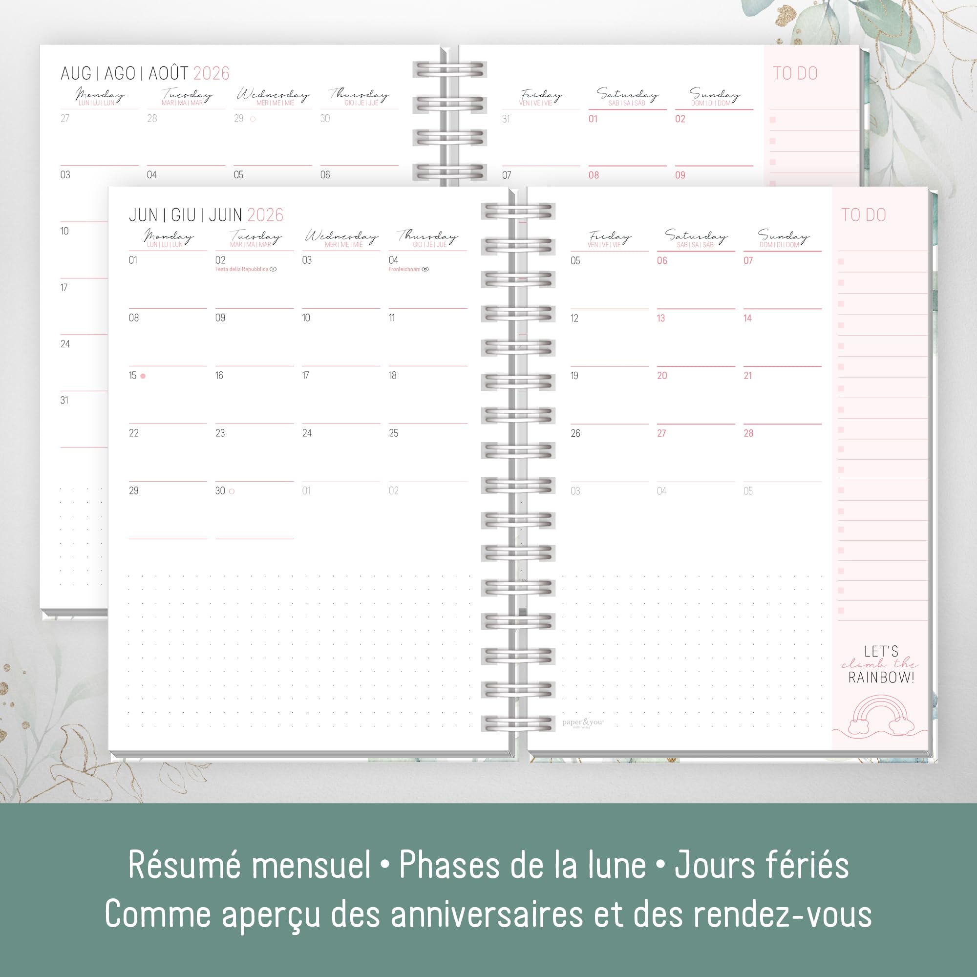 Häfft® Calendrier international 2026 A5 Feuille d´or reliure spirale EN/FR/IT/ES agenda personnel life planner durable