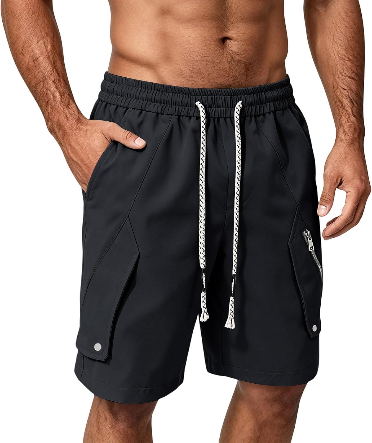Men's Stylish Cargo Shorts Summer Beach Elastic Waist Drawstring Shorts with Zipper Pockets and Braided Strings