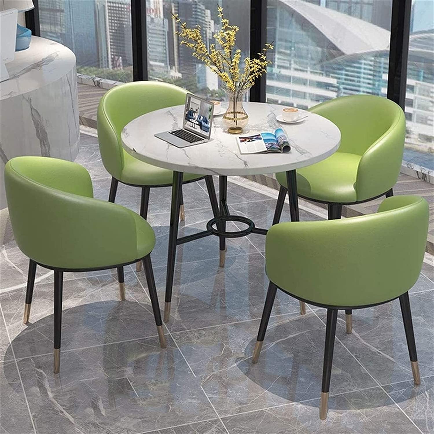Lot de 6 chaises de salle à manger modernes en cuir synthétique vert avec dossier et pieds en métal pour salle à manger, réception
