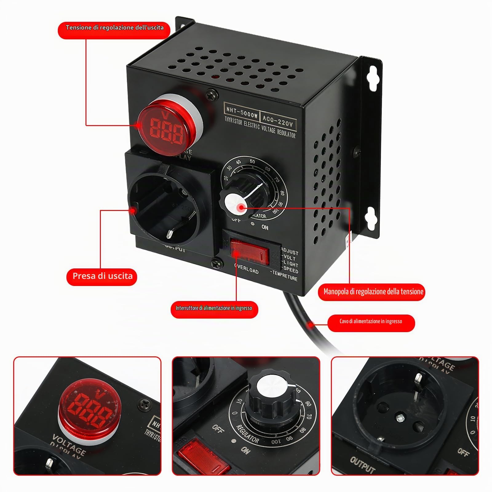 Dimmer, AC 220 V, 5000 W, SCR regolatore di tensione, regolatore di velocità del motore, dimmer, regolatori elettronici, dimmerazione, rallentamento (spina di uscita: spina europea)