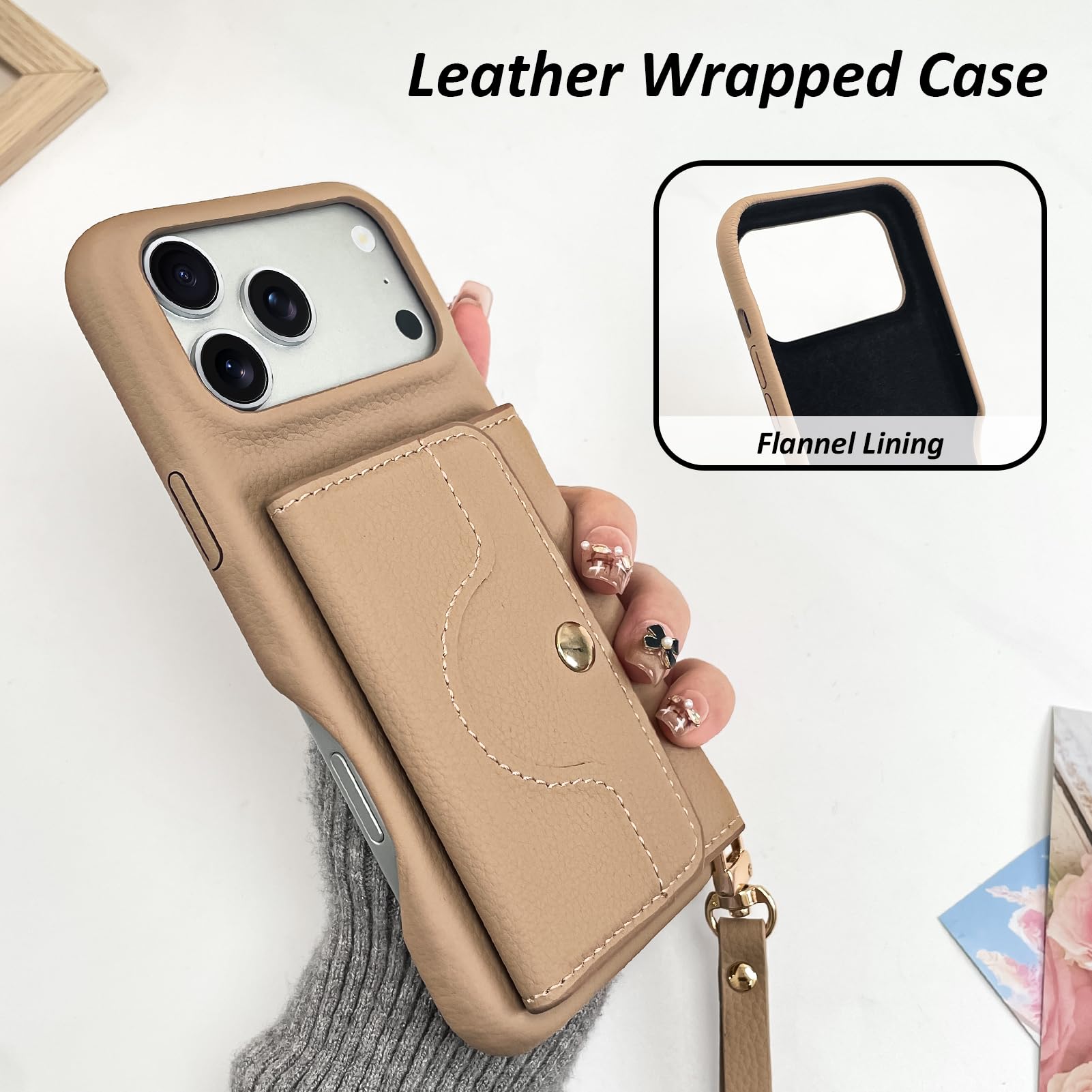 OOK Custodia a portafoglio per iPhone 17 Pro Max con porta carte di credito | Design multifunzionale con slot per schede, cinturino da polso, specchio nascosto, custodia protettiva sottile in pelle TPU