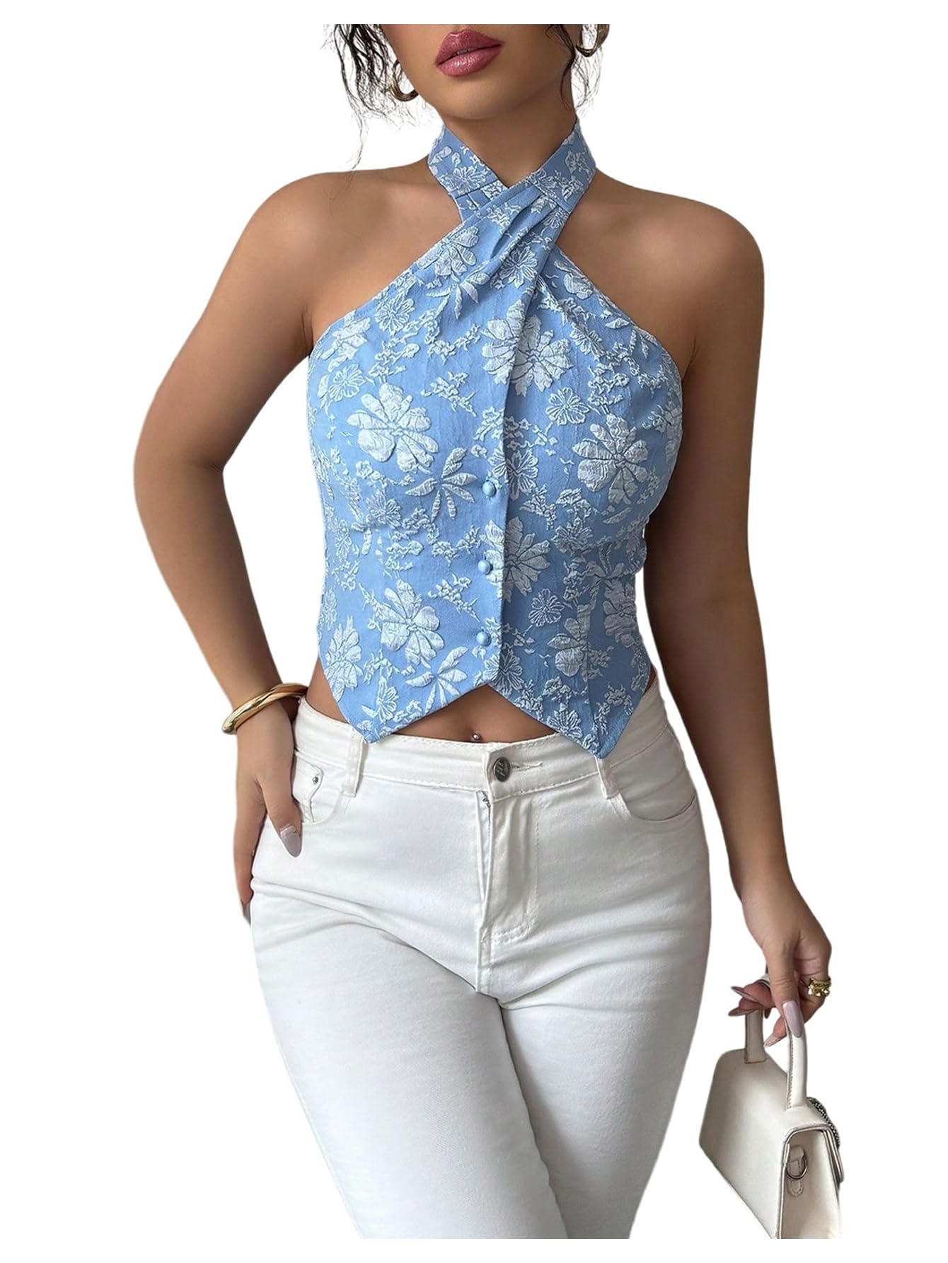 Floerns Womens Elegant Floral Jacquard Halter Blazer Vest Sleeveless Suit Waistcoat