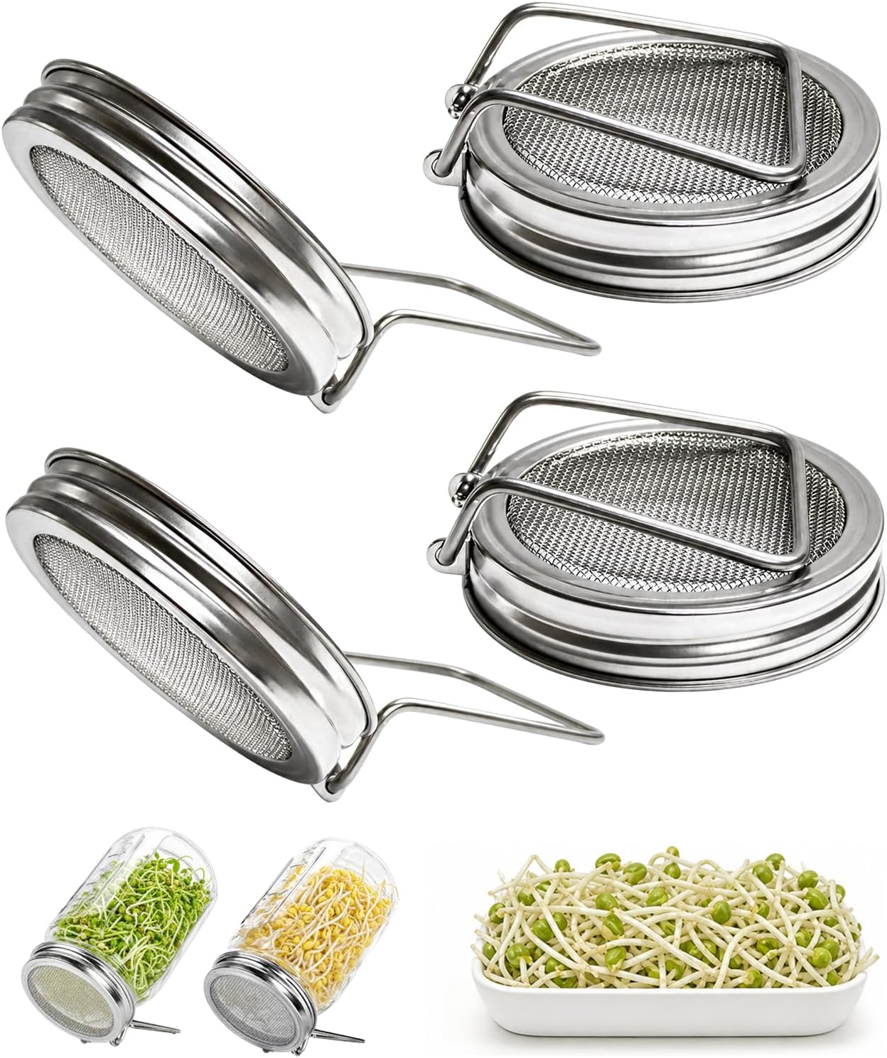 4-Pack Sprouting Lids for Wide Mouth Mason Jars, Reusable Stainless Steel Fine Mesh Strainer with Stand, Seed Sprout Growing Kit for Alfalfa, Broccoli & Mung Beans