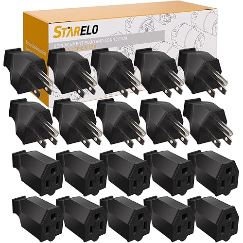 STARELO Extension Cord Ends 125V 15A 2Pole 3Wire Male Plug and Female Connector Straight Blade Plug Replacement Electrical Extension Cord End(Male & Female 10 Set)