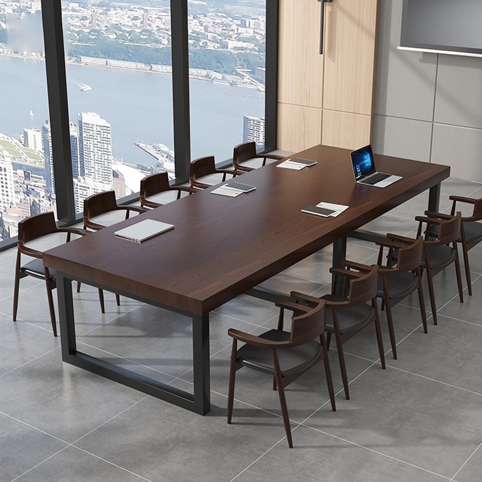 Tavolo da Conferenza in Legno, Tavolo Ufficio in Stile Industriale, Scrivania Lunga, Gambe in Metallo Nero, Adatto per Ristoranti, Cucine e Uffici, può Ospitare da 5 a 10 Persone(Brown,160x80x75cm/63x