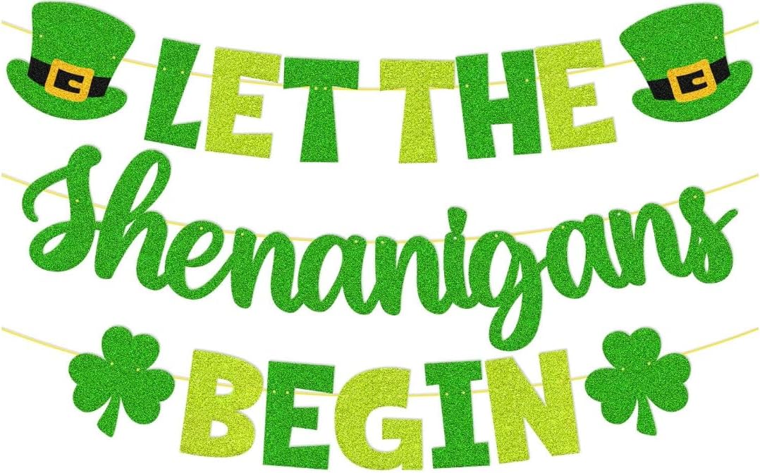 St. Patrick's Day Decoration Let the Shenanigans Begin Banner Shamrock Clover Luck Charm Garland Lucky Pot of Gold Rainbow Party Green Glitter Supplies