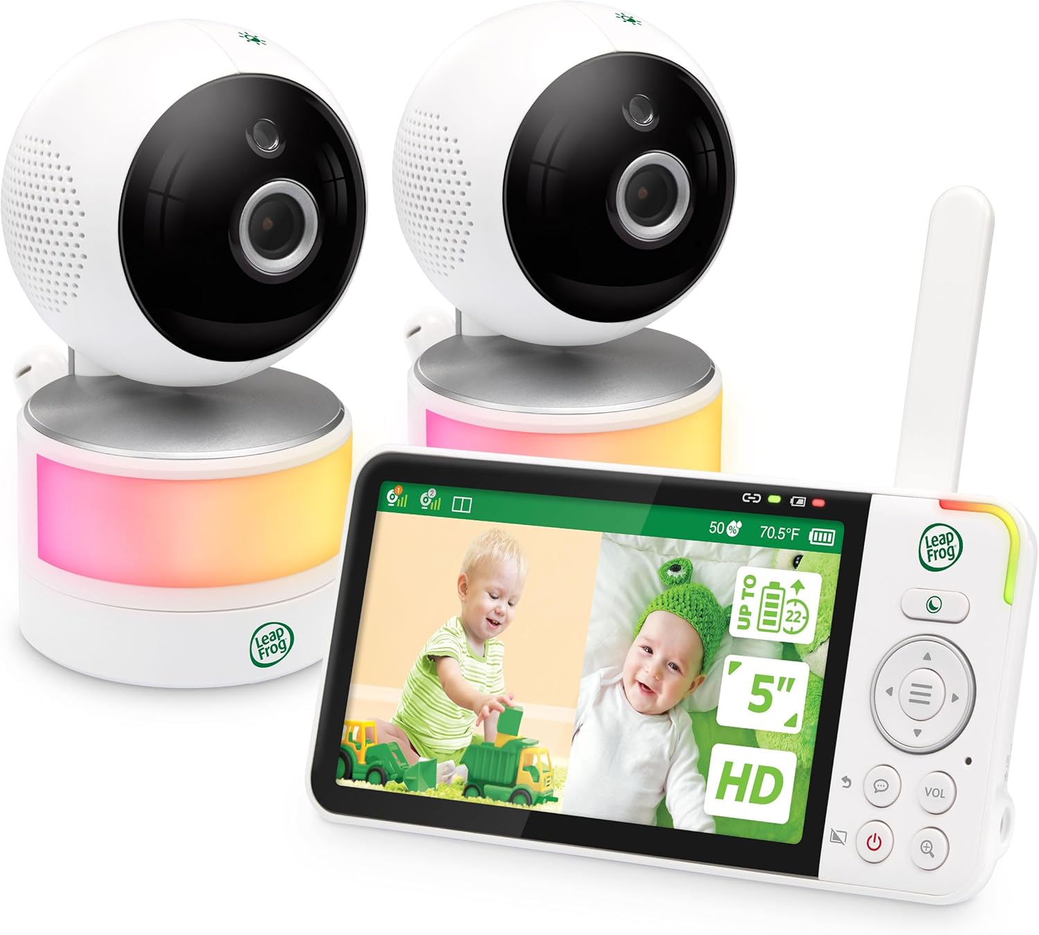 شاشة أطفال LeapFrog LF915-2HD ، 2 كاميرا ، شاشة 5 بوصة 720 بكسل ، تكبير 360 درجة ، تكبير ، ألوان ليلية ، ضوء ليلي ، إنتركوم ثنائي الاتجاه ، ناقل حركة آمن بدون واي فاي